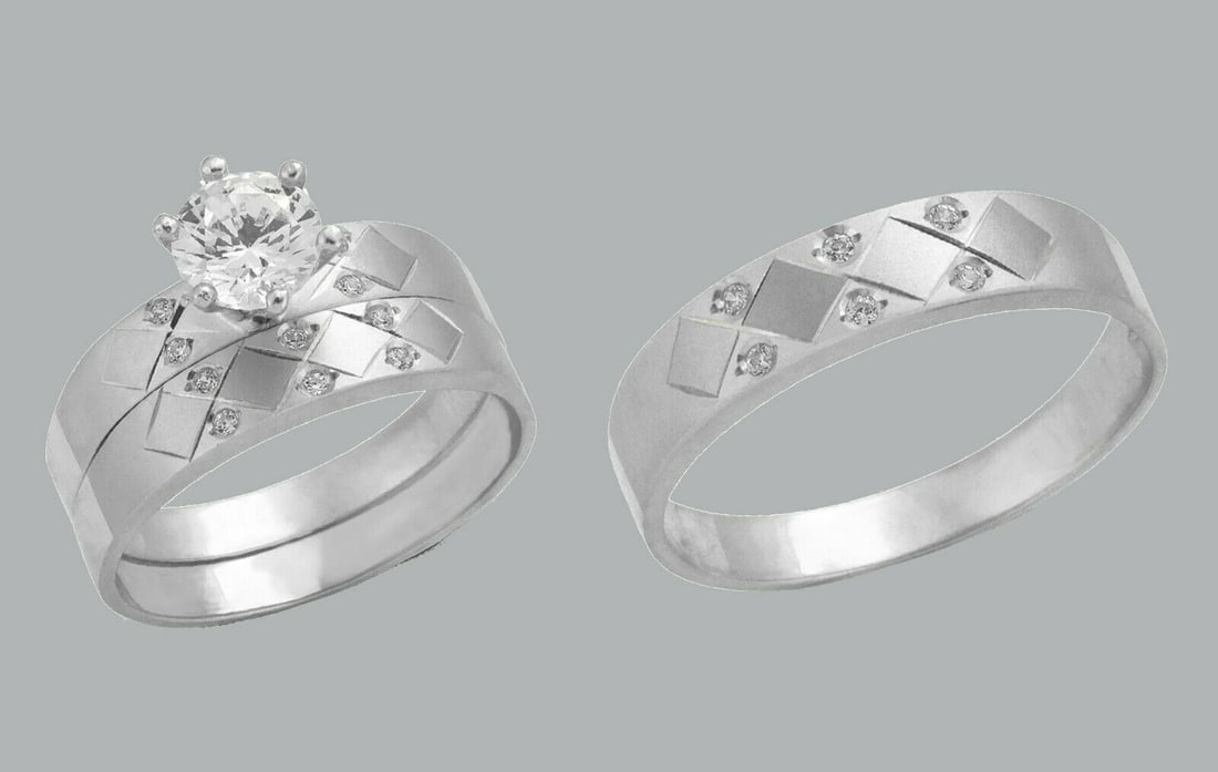 14K GOLD TRIO WEDDING SET CZ ENGAGEMENT RING BANDS 3pcs (1 of 1)