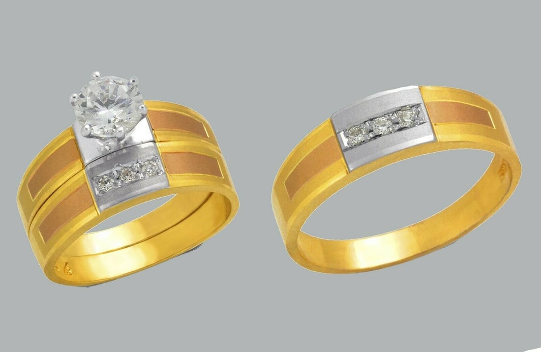 14K GOLD TRIO WEDDING SET CZ ENGAGEMENT RING BANDS 3pcs: NEW 14K TRI COLOR GOLD WEDDING SET New 14K Tri color solid gold wedding rings set 3 rings total (can easily be resized by your local jeweler) 2 Ladies Rings Size - 7 1 Mens Ring Size 10 Polished Finis