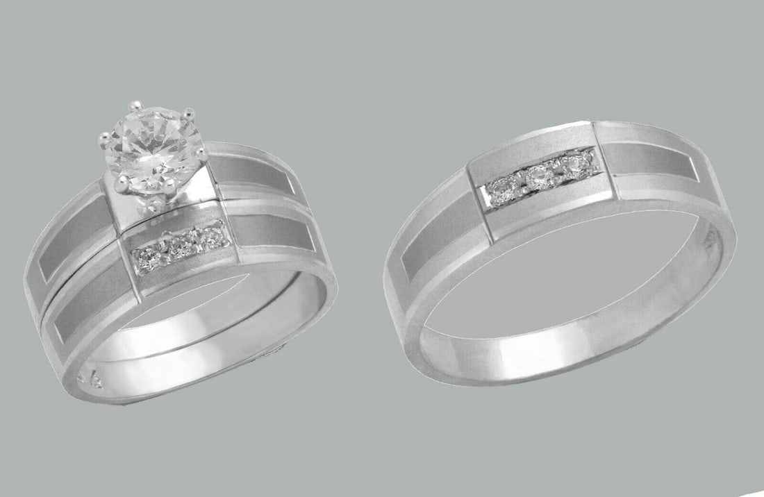 14K GOLD TRIO WEDDING SET CZ ENGAGEMENT RING BANDS 3pcs: NEW 14K WHITE GOLD WEDDING SET New 14K White solid gold wedding rings set 3 rings total (can easily be resized by your local jeweler) 2 Ladies Rings Size - 7 1 Mens Ring Size 10 Polished Finish Apx We