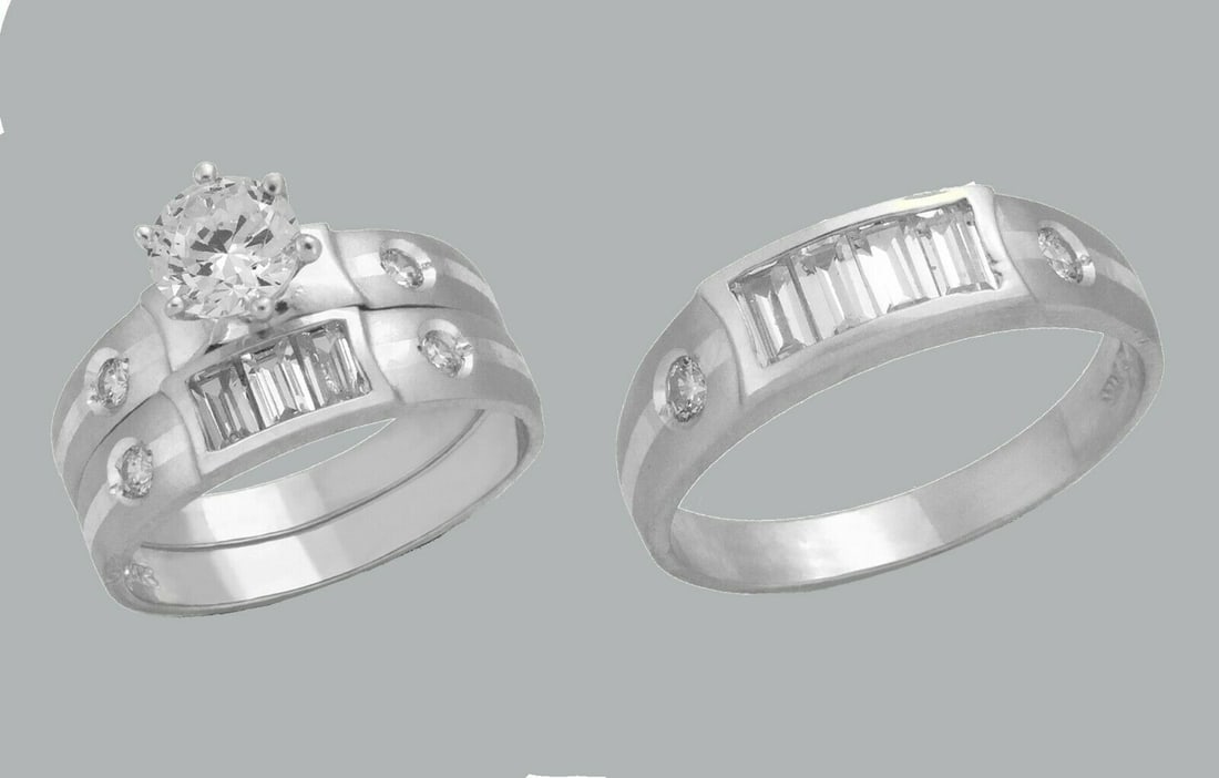 14K GOLD TRIO WEDDING SET CZ ENGAGEMENT RING BANDS 3pcs: NEW 14K WHITE GOLD WEDDING SET New 14K White solid gold wedding rings set 3 rings total (can easily be resized by your local jeweler) 2 Ladies Rings Size - 7 1 Mens Ring Size 10 Polished Finish Apx We