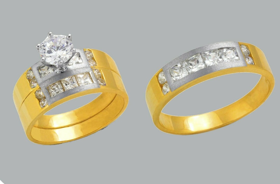 14K GOLD TRIO WEDDING SET CZ ENGAGEMENT RING BANDS 3pcs (1 of 1)