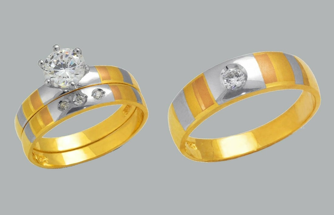 14K GOLD TRIO WEDDING SET CZ ENGAGEMENT RING BANDS 3pcs: NEW 14K TRI COLOR GOLD WEDDING SET New 14K Tri color solid gold wedding rings set 3 rings total (can easily be resized by your local jeweler) 2 Ladies Rings Size - 7 1 Mens Ring Size 10 Polished Finis
