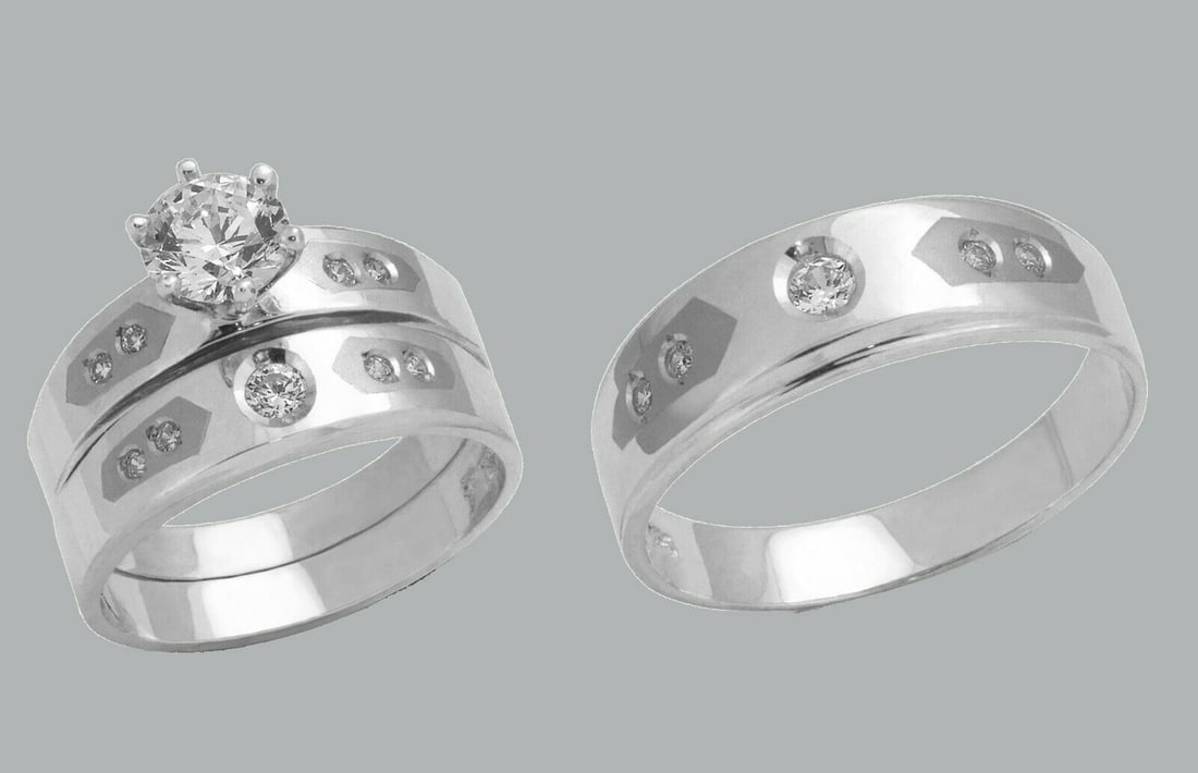 14K GOLD TRIO WEDDING SET CZ ENGAGEMENT RING BANDS 3pcs (1 of 1)