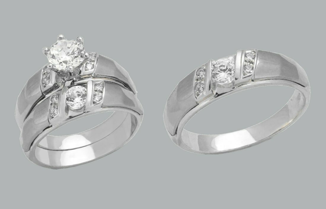 14K GOLD TRIO WEDDING SET CZ ENGAGEMENT RING BANDS 3pcs: NEW 14K WHITE GOLD WEDDING SET New 14K White solid gold wedding rings set 3 rings total (can easily be resized by your local jeweler) 2 Ladies Rings Size - 7 1 Mens Ring Size 10 Polished Finish Apx We