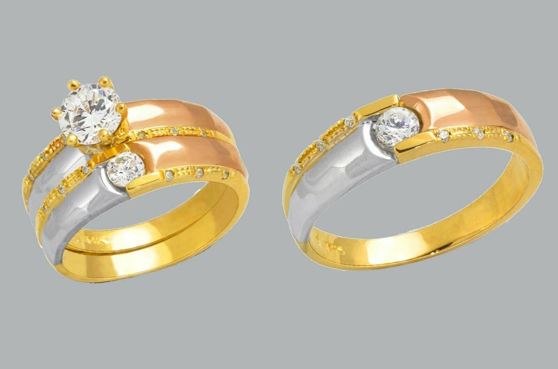 14K GOLD TRIO WEDDING SET CZ ENGAGEMENT RING BANDS 3pcs: NEW 14K TRI COLOR GOLD WEDDING SET New 14K Tri color solid gold wedding rings set 3 rings total (can easily be resized by your local jeweler) 2 Ladies Rings Size - 7 1 Mens Ring Size 10 Polished Finis