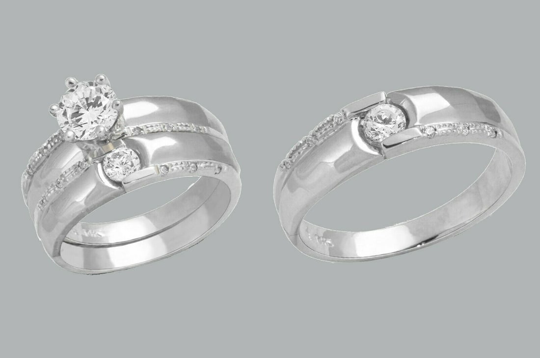 14K GOLD TRIO WEDDING SET CZ ENGAGEMENT RING BANDS 3pcs: NEW 14K WHITE GOLD WEDDING SET New 14K White solid gold wedding rings set 3 rings total (can easily be resized by your local jeweler) 2 Ladies Rings Size - 7 1 Mens Ring Size 10 Polished Finish Apx We