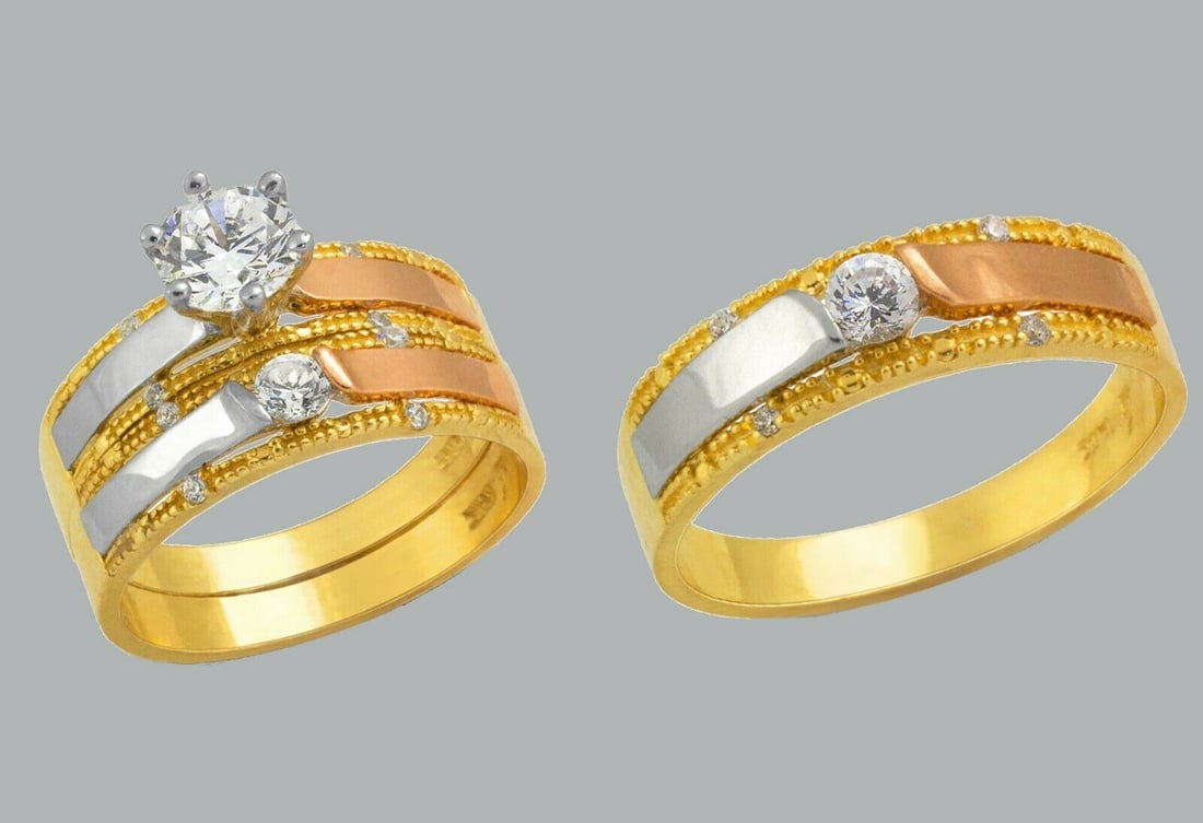 14K GOLD TRIO WEDDING SET CZ ENGAGEMENT RING BANDS 3pcs: NEW 14K TRI COLOR GOLD WEDDING SET New 14K Tri color solid gold wedding rings set 3 rings total (can easily be resized by your local jeweler) 2 Ladies Rings Size - 7 1 Mens Ring Size 10 Polished Finis
