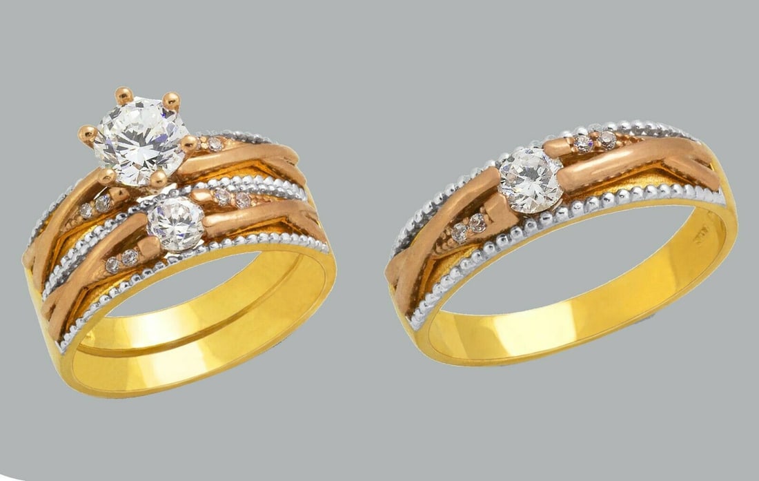 14K GOLD TRIO WEDDING SET CZ ENGAGEMENT RING BANDS 3pcs (1 of 1)