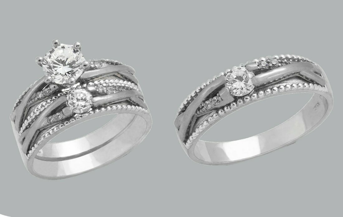 14K GOLD TRIO WEDDING SET CZ ENGAGEMENT RING BANDS 3pcs (1 of 1)