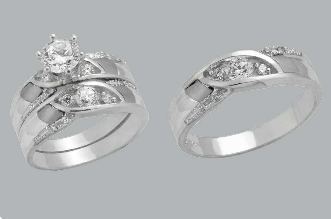 14K GOLD TRIO WEDDING SET CZ ENGAGEMENT RING BANDS 3pcs (1 of 1)