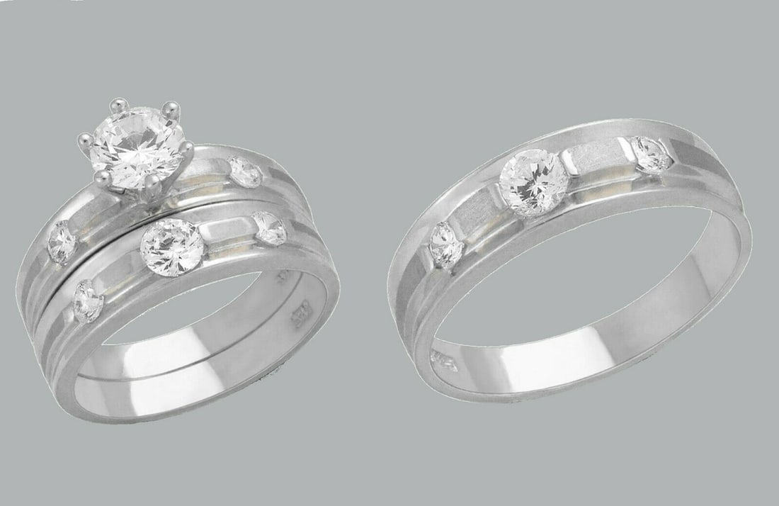 14K GOLD TRIO WEDDING SET CZ ENGAGEMENT RING BANDS 3pcs (1 of 1)