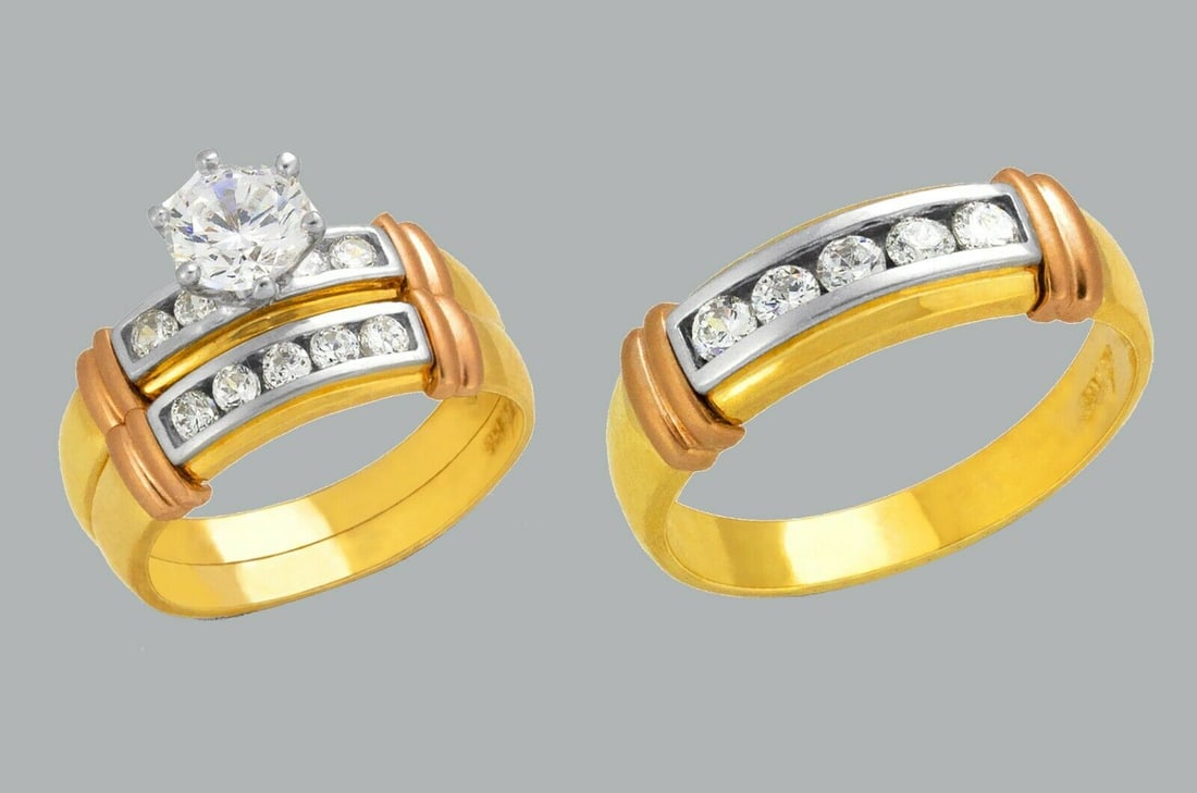 14K GOLD TRIO WEDDING SET CZ ENGAGEMENT RING BANDS 3pcs (1 of 1)
