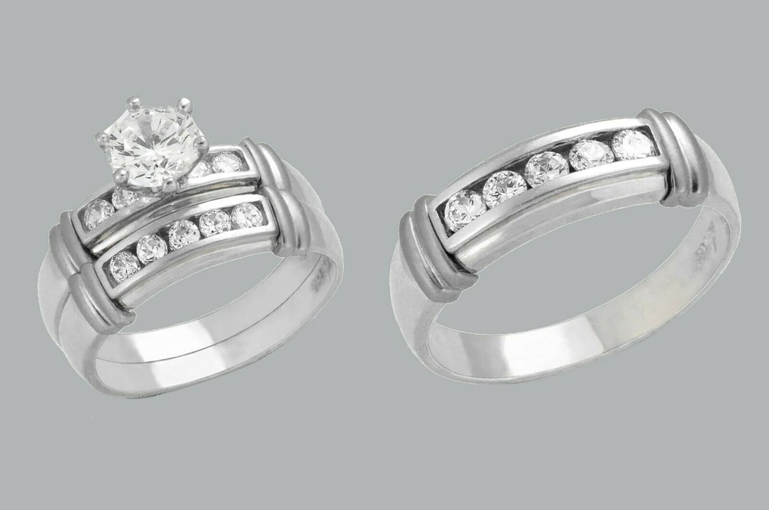 14K GOLD TRIO WEDDING SET CZ ENGAGEMENT RING BANDS 3pcs: NEW 14K WHITE GOLD WEDDING SET New 14K White solid gold wedding rings set 3 rings total (can easily be resized by your local jeweler) 2 Ladies Rings Size - 7 1 Mens Ring Size - 10 Polished finish Apx