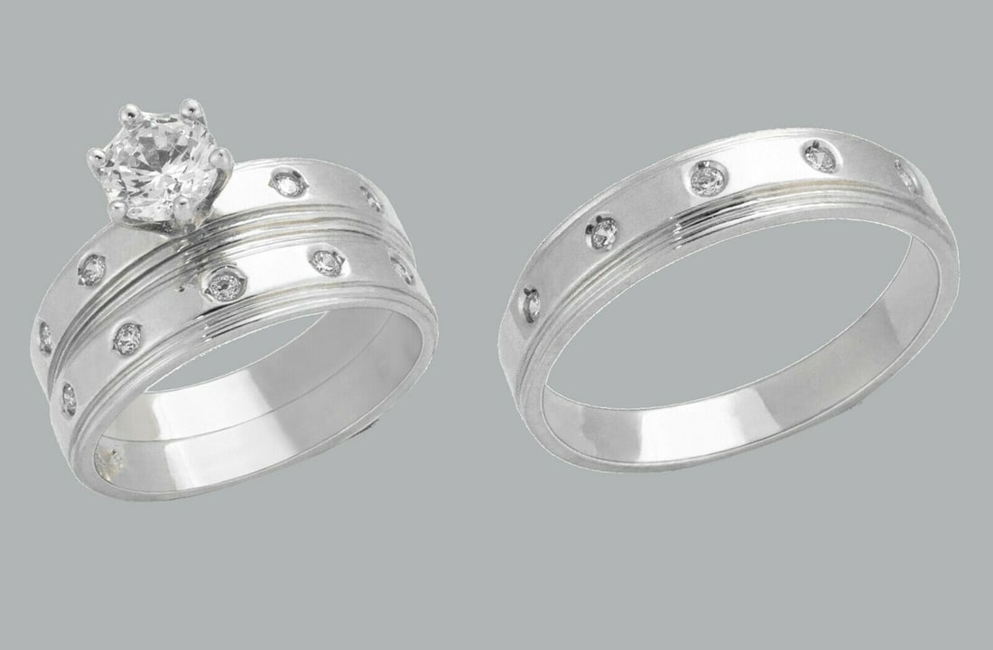 14K GOLD TRIO WEDDING SET CZ ENGAGEMENT RING BANDS 3pcs: NEW 14K WHITE GOLD WEDDING SET New 14K White solid gold wedding rings set 3 rings total (can easily be resized by your local jeweler) 2 Ladies Rings Size - 7 1 Mens Ring Size - 10 Polished finish Apx