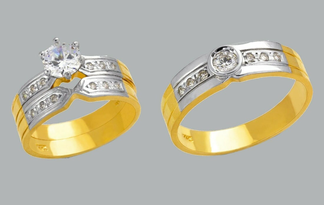 14K GOLD TRIO WEDDING SET CZ ENGAGEMENT RING BANDS 3pcs: NEW 14K TWO TONE GOLD WEDDING SET New 14K Two tone solid gold wedding rings set 3 rings total (can easily be resized by your local jeweler) 2 Ladies Rings Size - 7 1 Mens Ring Size - 10 Polished finis