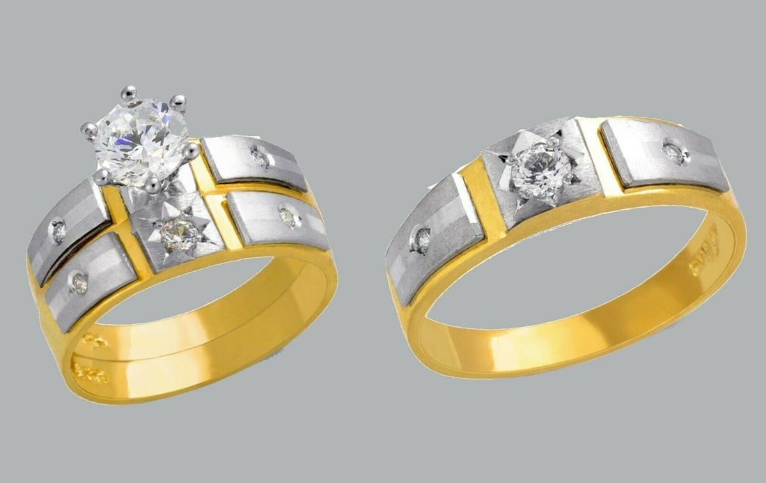 14K GOLD TRIO WEDDING SET CZ ENGAGEMENT RING BANDS 3pcs: NEW 14K TWO TONE GOLD WEDDING SET New 14K Two tone solid gold wedding rings set 3 rings total (can easily be resized by your local jeweler) 2 Ladies Rings Size - 7 1 Mens Ring Size - 10 Polished finis