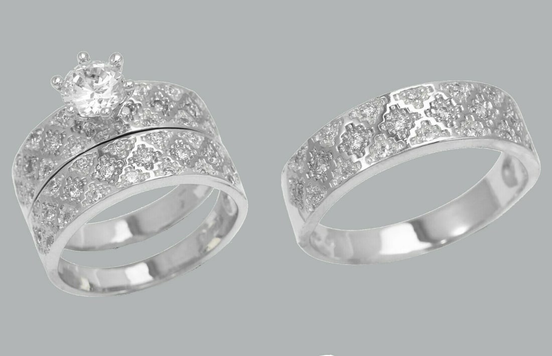 14K GOLD TRIO WEDDING SET CZ ENGAGEMENT RING BANDS 3pcs: NEW 14K WHITE GOLD WEDDING SET New 14K White solid gold wedding rings set 3 rings total (can easily be resized by your local jeweler) 2 Ladies Rings Size - 7 1 Mens Ring Size - 10 Polished finish Apx