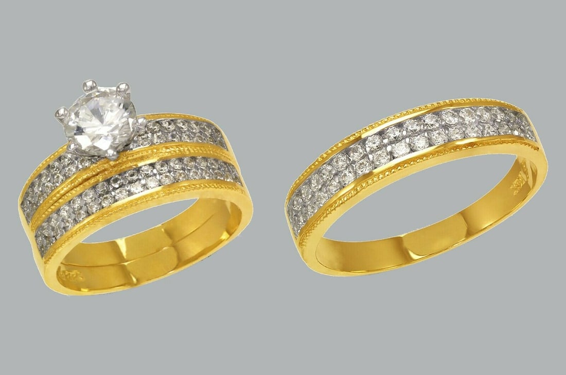 14K GOLD TRIO WEDDING SET CZ ENGAGEMENT RING BANDS 3pcs (1 of 1)