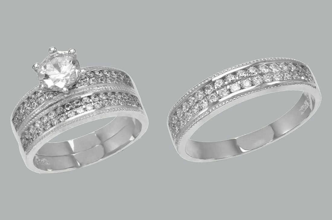 14K GOLD TRIO WEDDING SET CZ ENGAGEMENT RING BANDS 3pcs: NEW 14K WHITE GOLD WEDDING SET New 14K White solid gold wedding rings set 3 rings total (can easily be resized by your local jeweler) 2 Ladies Rings Size - 7 1 Mens Ring Size - 10 Polished finish Apx