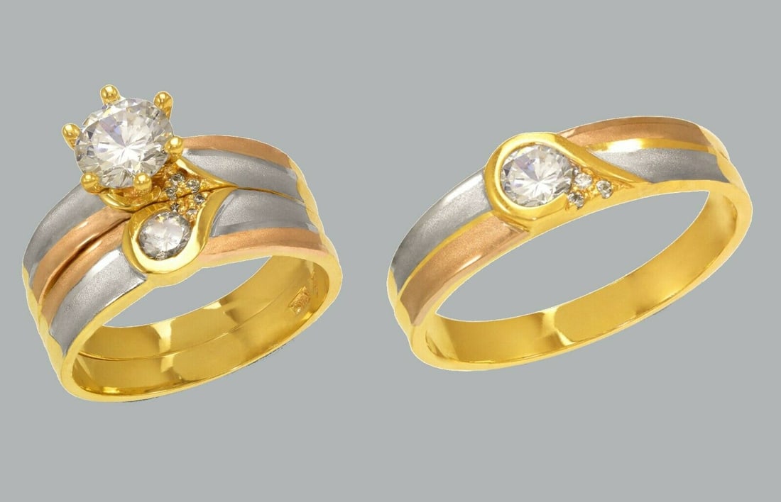 14K GOLD TRIO WEDDING SET CZ ENGAGEMENT RING BANDS 3pcs (1 of 1)