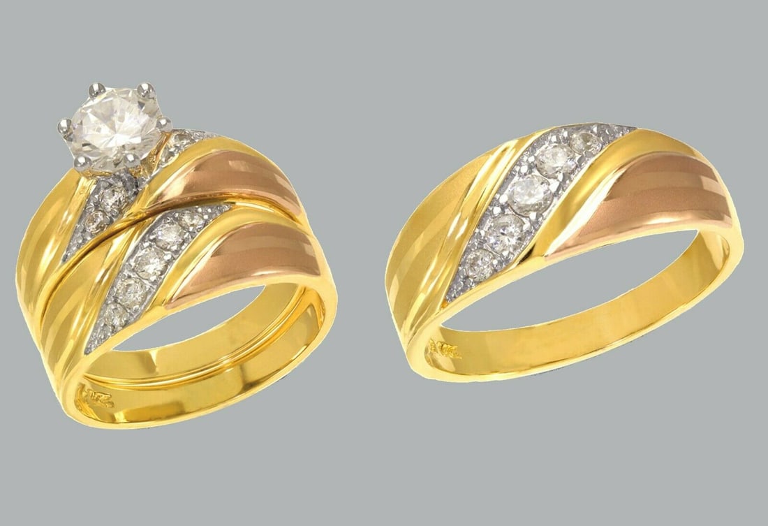 14K GOLD TRIO WEDDING SET CZ ENGAGEMENT RING BANDS 3pcs (1 of 1)