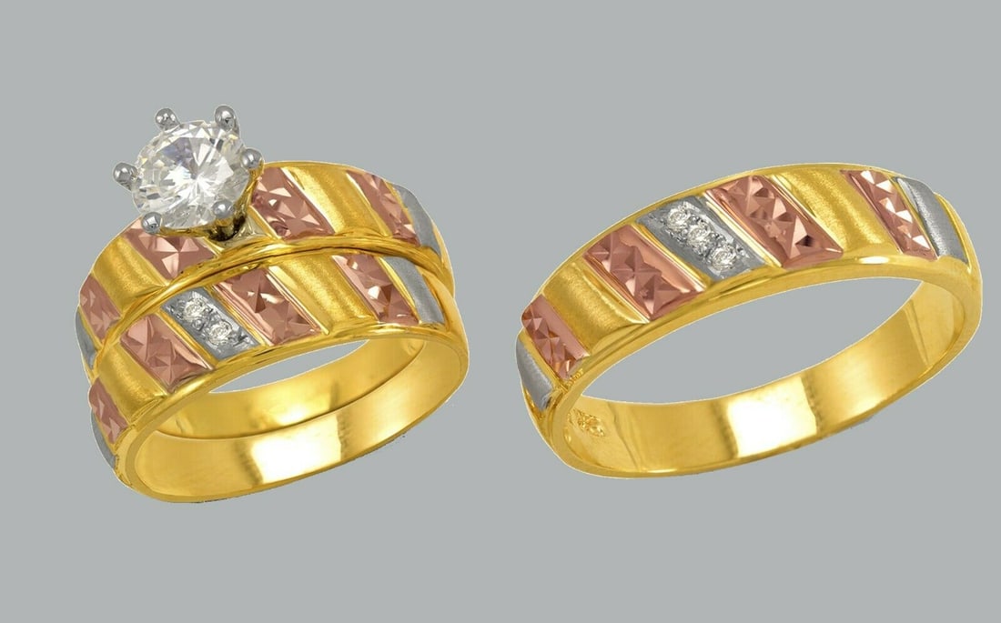 14K GOLD TRIO WEDDING SET CZ ENGAGEMENT RING BANDS 3pcs (1 of 1)