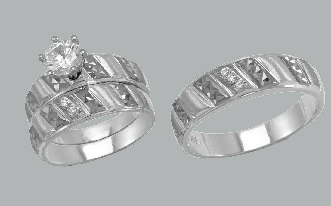 14K GOLD TRIO WEDDING SET CZ ENGAGEMENT RING BANDS 3pcs (1 of 1)