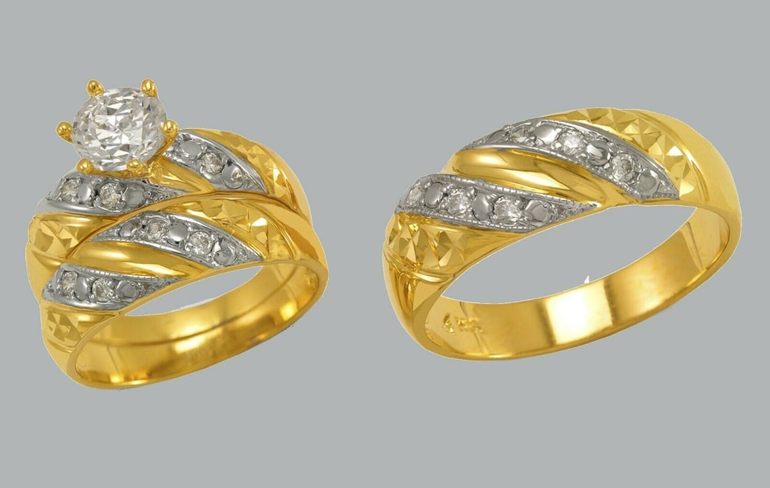 14K GOLD TRIO WEDDING SET CZ ENGAGEMENT RING BANDS 3pcs (1 of 1)