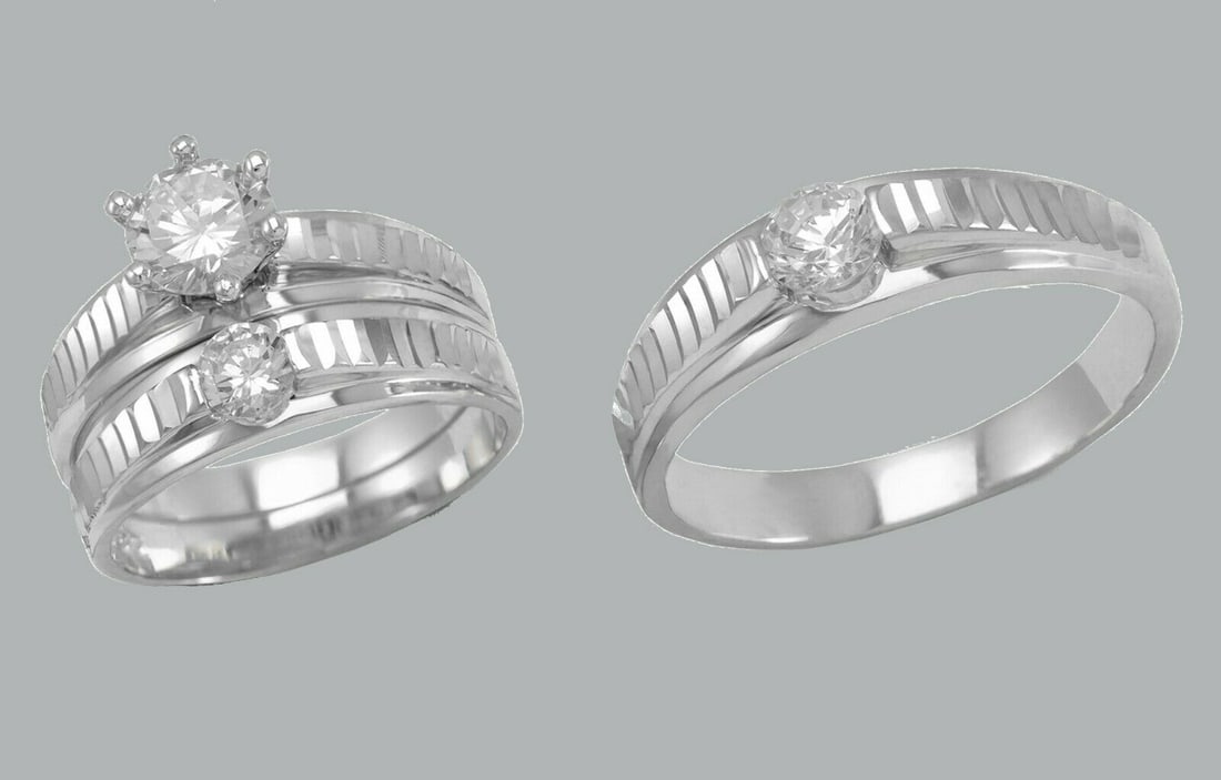 14K GOLD TRIO WEDDING SET CZ ENGAGEMENT RING BANDS 3pcs: NEW 14K WHITE GOLD WEDDING SET New 14K White solid gold wedding rings set 3 rings total (can easily be resized by your local jeweler) 2 Ladies Rings Size - 7 1 Mens Ring Size - 10 Polished finish Apx
