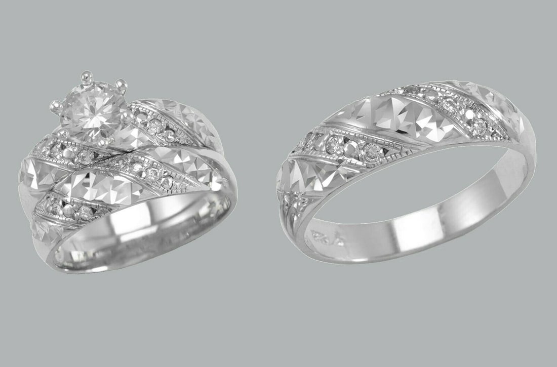 14K GOLD TRIO WEDDING SET CZ ENGAGEMENT RING BANDS 3pcs (1 of 1)