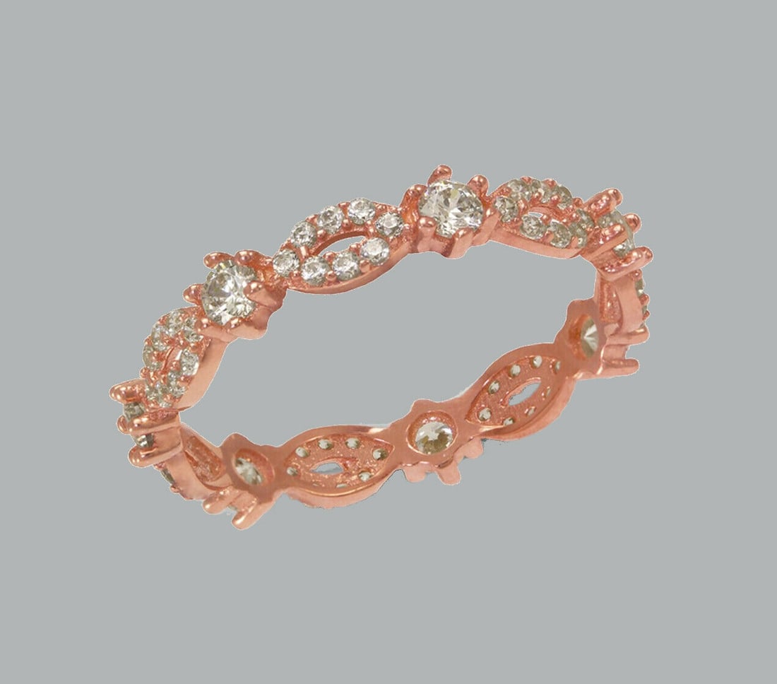 NEW 14K ROSE GOLD FULL ETERNITY CZ BAND RING SIZE 8: NEW 14K ROSE GOLD ETERNITY BAND New 14K rose gold full eternity band ring 3.5mm Wide Well made rings. prong set with full cut cz. Ring size is 8 Polished finish Apx weight is 1.7g