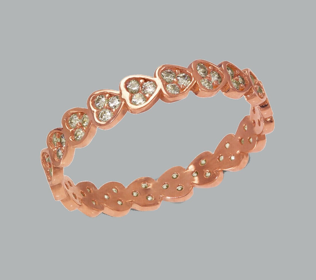 14K ROSE GOLD FULL ETERNITY CZ HEART BAND RING SIZE 7: NEW 14K ROSE GOLD ETERNITY BAND New 14K rose gold full eternity band ring 3.5mm Wide Well made rings. prong set with full cut cz. Ring size is 7 Polished finish Apx weight is 1.5g