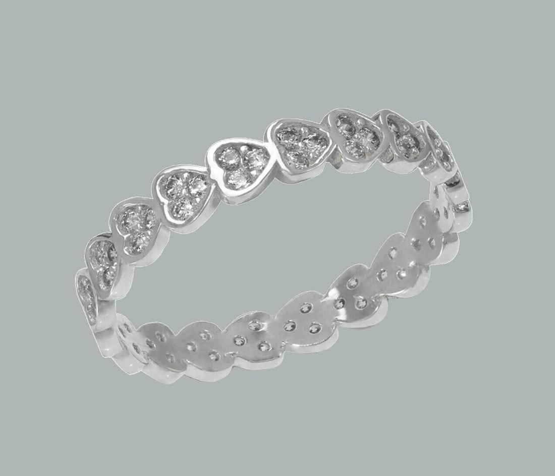 14K WHITE GOLD FULL ETERNITY CZ HEART BAND RING SIZE 8: NEW 14K WHITE GOLD ETERNITY BAND New 14K white gold full eternity band ring 3.5mm Wide Well made rings. prong set with full cut cz. Ring size is 8 Polished finish Apx weight is 1.5g