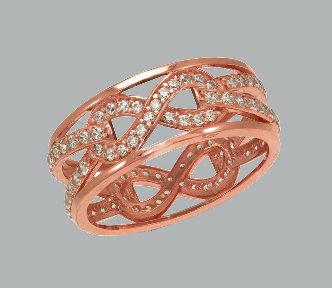 14K ROSE GOLD ETERNITY CZ BAND RING INFINITY SIZE 8: NEW 14K ROSE GOLD ETERNITY BAND New 14K rose gold full eternity band ring 7mm Wide Well made rings. prong set with full cut cz. Ring size is 8 Polished finish Apx weight is 3.3g
