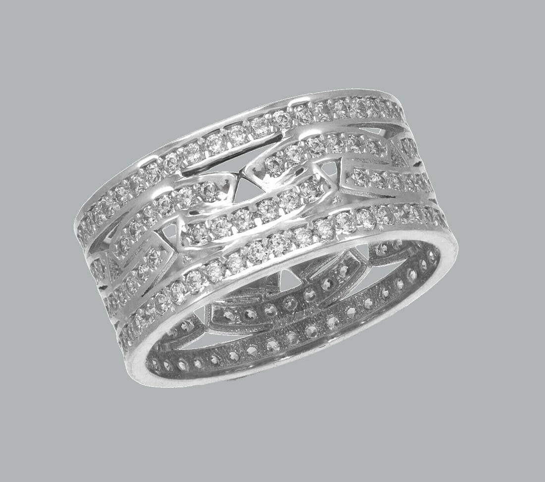 NEW 14K WHITE GOLD ETERNITY CZ BAND RING WAVE SIZE 8: NEW 14K WHITE GOLD ETERNITY BAND New 14K white gold full eternity band ring 9mm Wide Well made rings. prong set with full cut cz. Ring size is 8 Polished finish Apx weight is 3.6g