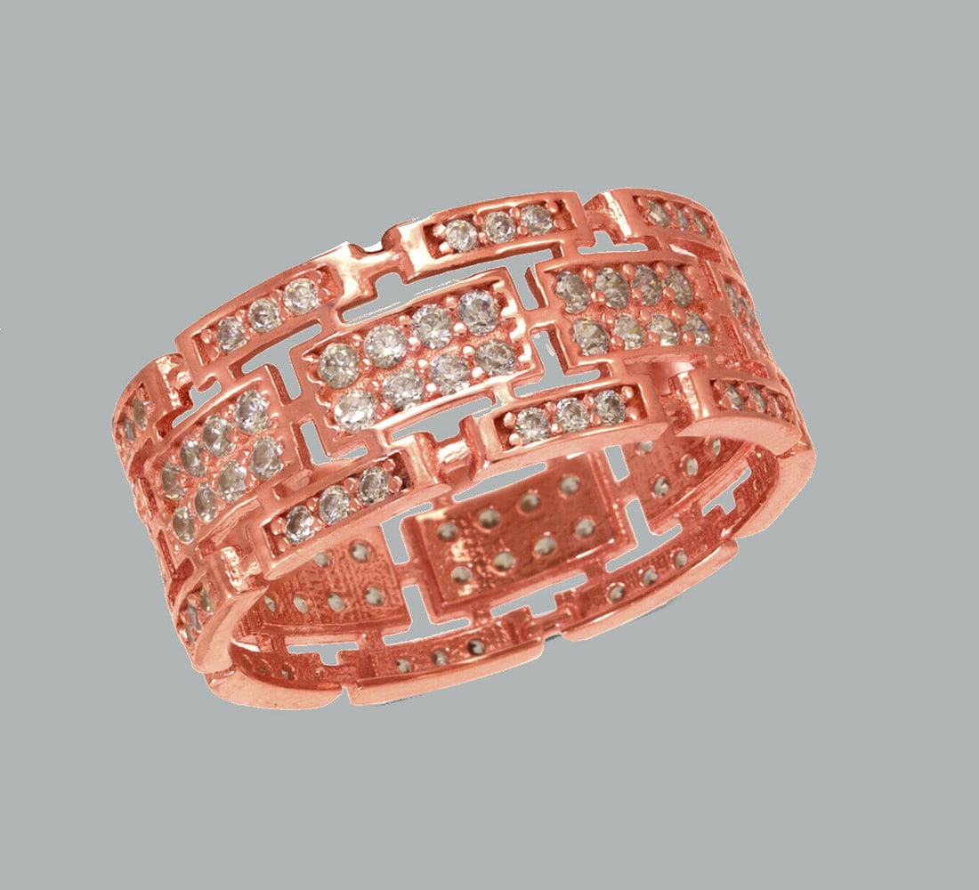 14K ROSE GOLD ETERNITY CZ BAND RING SIZE 8: NEW 14K ROSE GOLD ETERNITY BAND New 14K rose gold full eternity band ring 8mm Wide Well made rings. prong set with full cut cz. Ring size is 8 Polished finish Apx weight is 3.2g