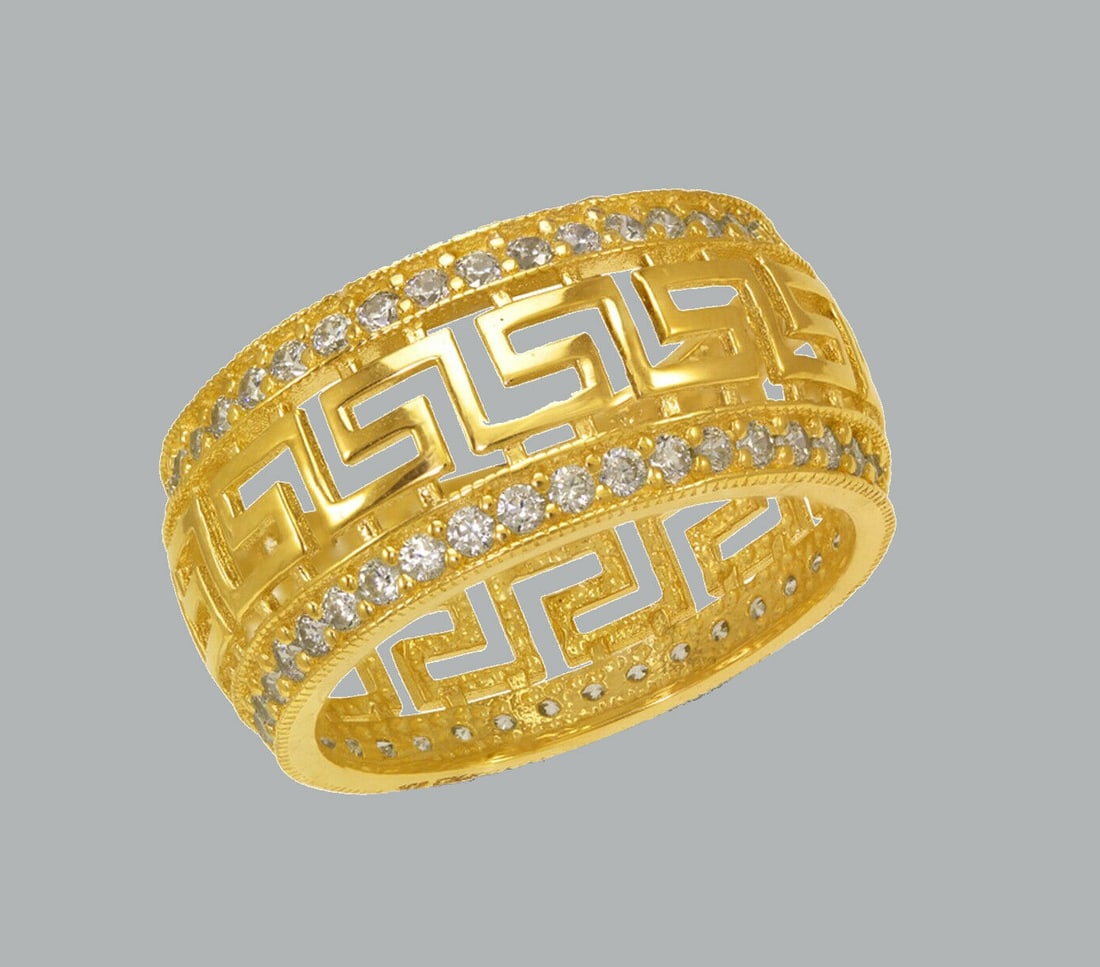 14K YELLOW GOLD ETERNITY CZ BAND RING GREEK KEY SIZE 8: NEW 14K YELLOW GOLD ETERNITY BAND New 14K yellow gold full eternity band ring 10mm Wide Well made rings. prong set with full cut cz. Ring size is 8 Polished finish Apx weight is 4.7g