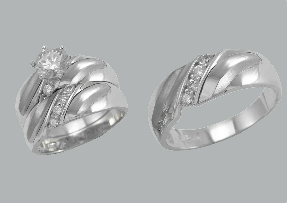 14K GOLD TRIO WEDDING SET CZ ENGAGEMENT RING BANDS 3pcs: NEW 14K WHITE GOLD WEDDING SET New 14K White solid gold wedding rings set 3 rings total (can easily be resized by your local jeweler) 2 Ladies Rings Size - 7 1 Mens Ring Size - 10 Polished finish Apx
