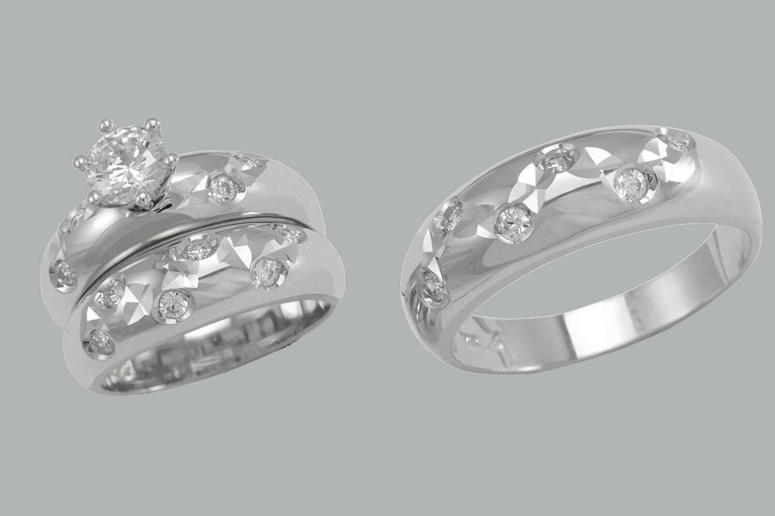 14K GOLD TRIO WEDDING SET CZ ENGAGEMENT RING BANDS 3pcs: NEW 14K WHITE GOLD WEDDING SET New 14K White solid gold wedding rings set 3 rings total (can easily be resized by your local jeweler) 2 Ladies Rings Size - 7 1 Mens Ring Size - 10 Polished finish Apx