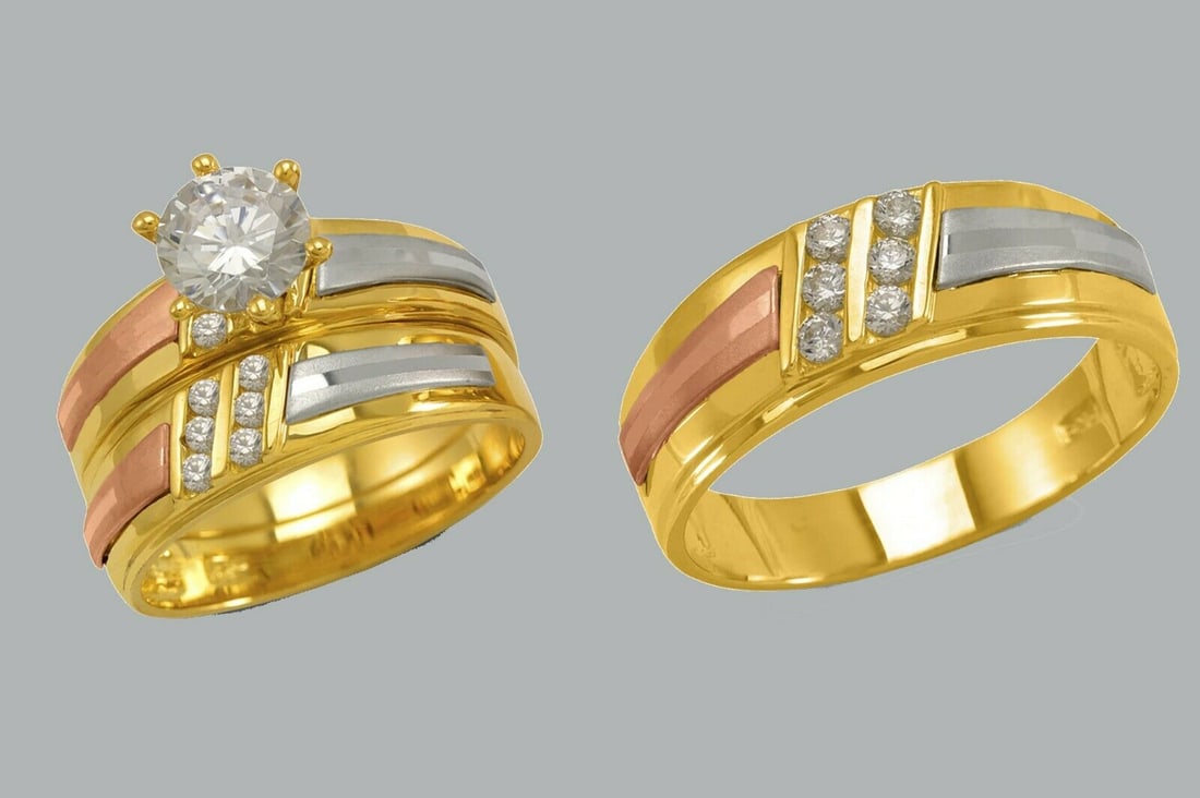 14K GOLD TRIO WEDDING SET CZ ENGAGEMENT RING BANDS 3pcs (1 of 1)
