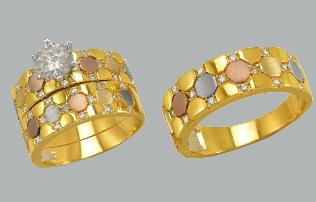 14K GOLD TRIO WEDDING SET CZ ENGAGEMENT RING BANDS 3pcs: NEW 14K TRI COLOR GOLD WEDDING SET New 14K Tri color solid gold wedding rings set 3 rings total (can easily be resized by your local jeweler) 2 Ladies Rings Size - 7 1 Mens Ring Size - 10 Polished fin