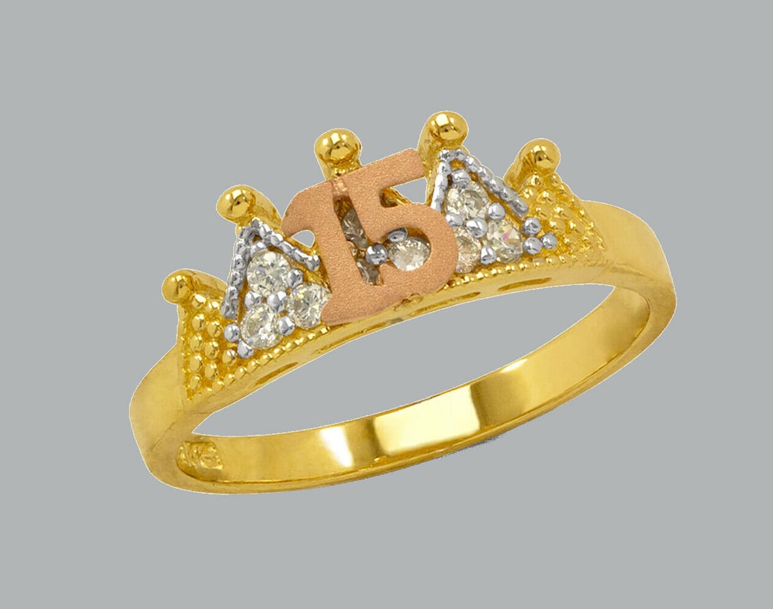 14K TRI COLOR GOLD LADIES FANCY CZ CROWN RING 15 ANOS: NEW 14K TRI COLOR GOLD CZ 15 ANOS CROWN RING New 14K Tri color solid gold ring Ring size 7 Measures 15.5mm W x 7mm H on top Cubic Zirconia Polished / satin Finish Apx Weight: 2.5g