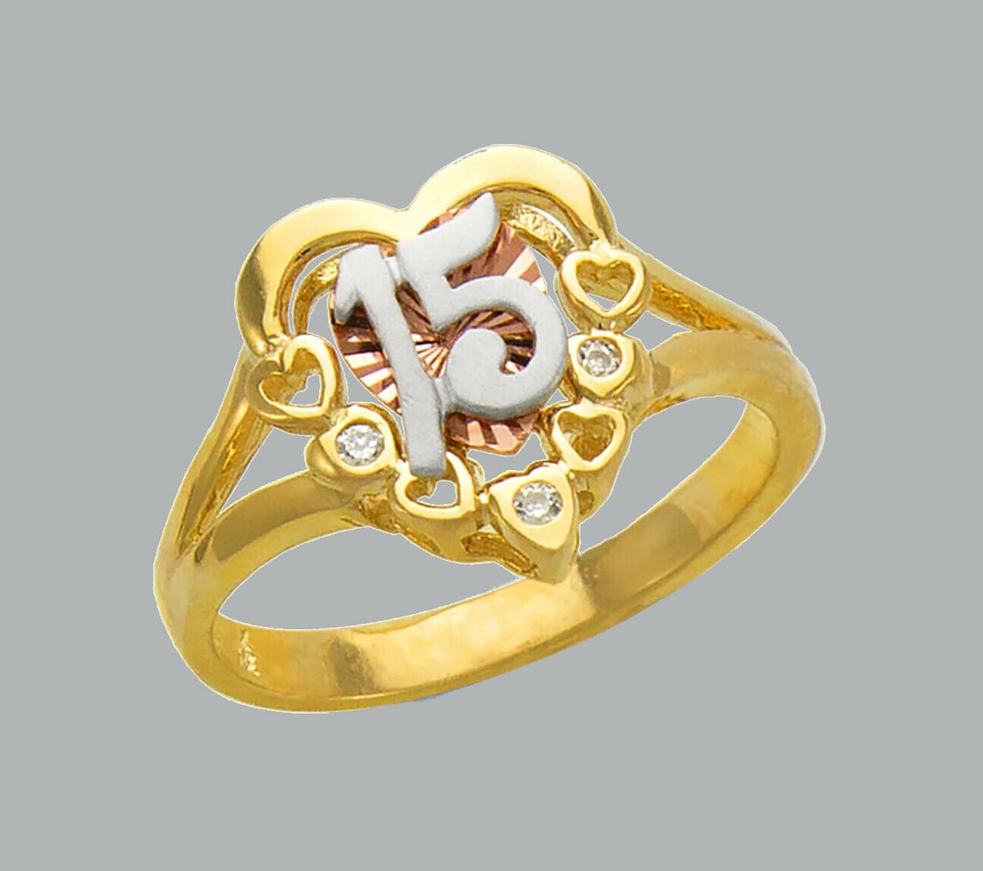14K TRI COLOR GOLD LADIES FANCY CZ HEART RING 15 ANOS: NEW 14K TRI COLOR GOLD CZ 15 ANOS HEART RING New 14K Tri color solid gold ring Ring size 7 Measures 13mm on top Cubic Zirconia Polished / satin Finish Apx Weight: 3.3g