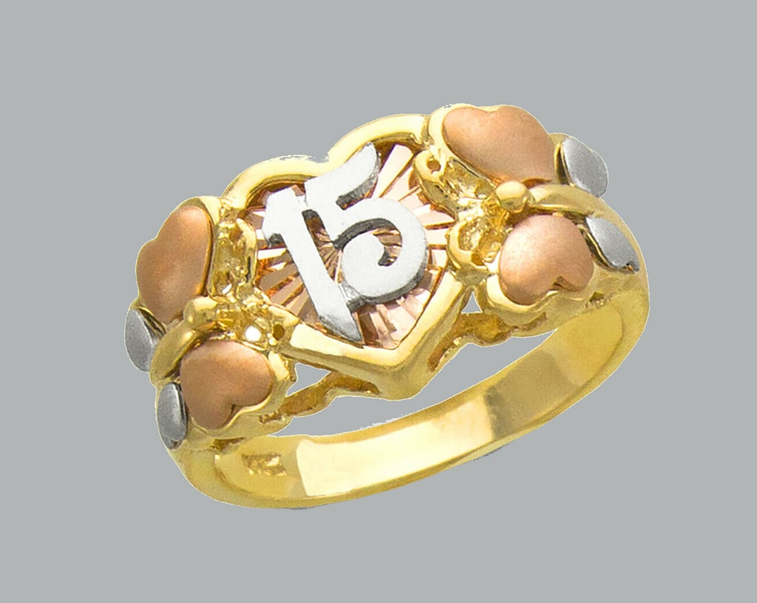 14K TRI COLOR GOLD LADIES FANCY CZ HEART RING 15 ANOS: NEW 14K TRI COLOR GOLD CZ 15 ANOS HEART RING New 14K Tri color solid gold ring Ring size 7 Measures 12mm wide on top Cubic Zirconia Polished / satin Finish Apx Weight: 5.5g