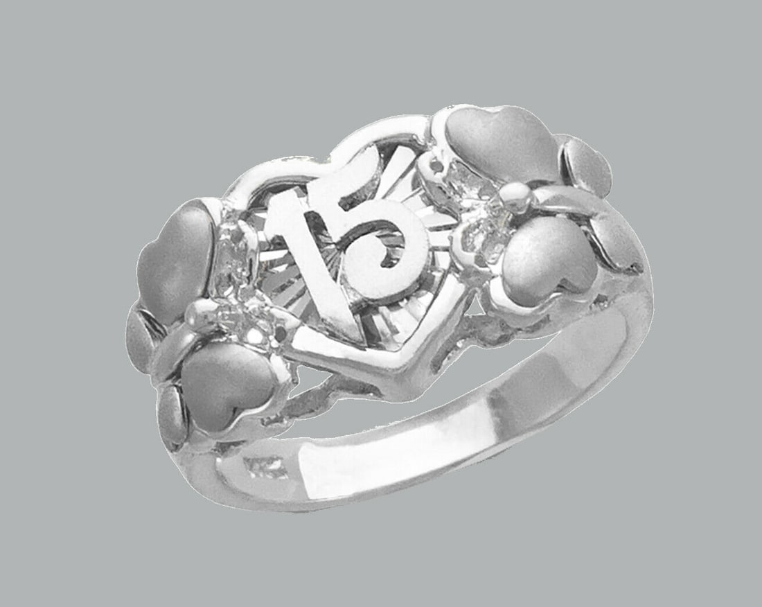 14K WHITE GOLD LADIES FANCY CZ HEART RING 15 ANOS (1 of 1)