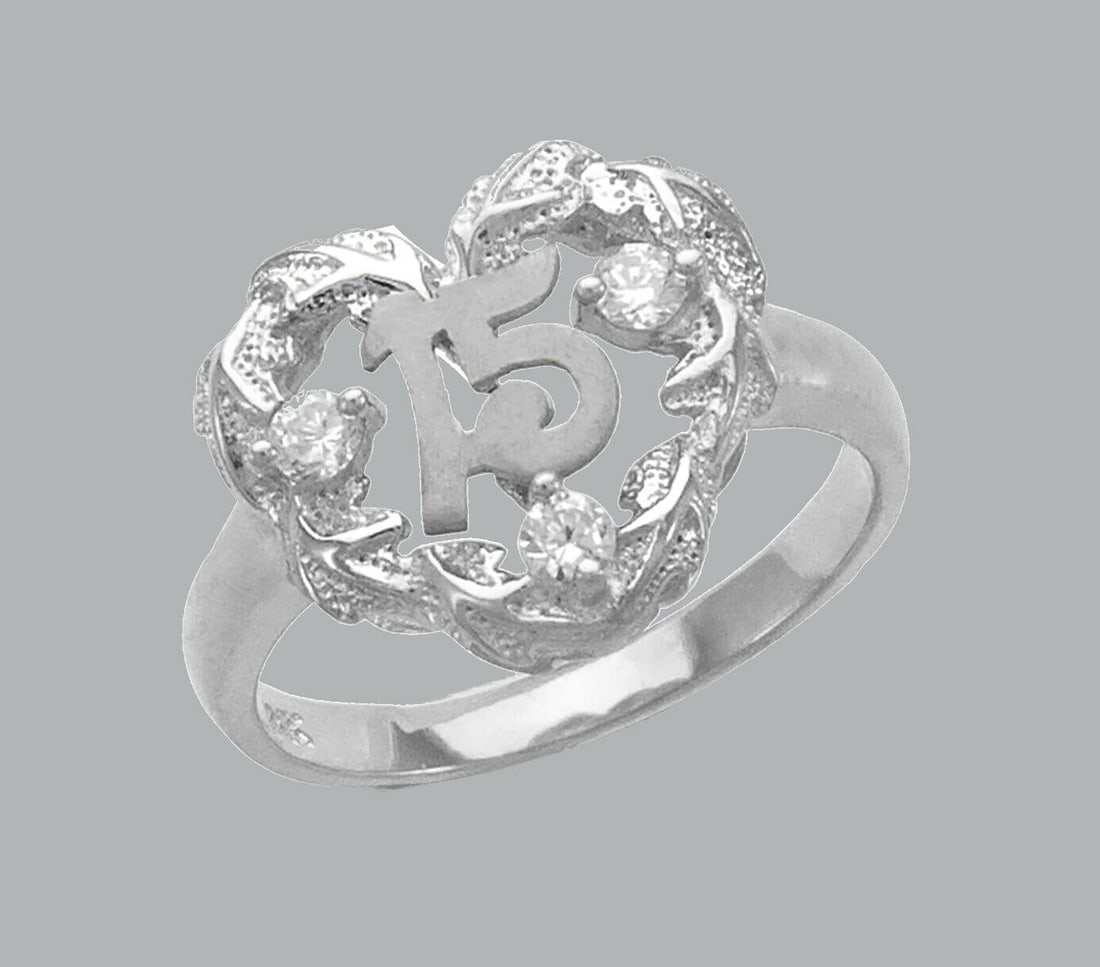 14K WHITE GOLD LADIES FANCY CZ HEART RING 15 ANOS (1 of 1)