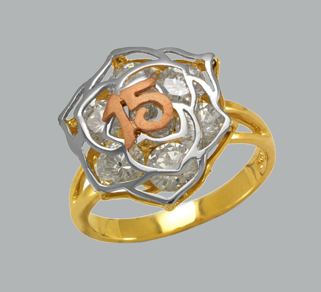 14K TRI COLOR GOLD LADIES FANCY CZ FLOWER RING 15 ANOS: NEW 14K TRI COLOR GOLD CZ 15 ANOS FLOWER RING New 14K Tri color solid gold ring Ring size 7 Measures 17mm Wide on top Cubic Zirconia Polished Finish Apx Weight: 4.5g