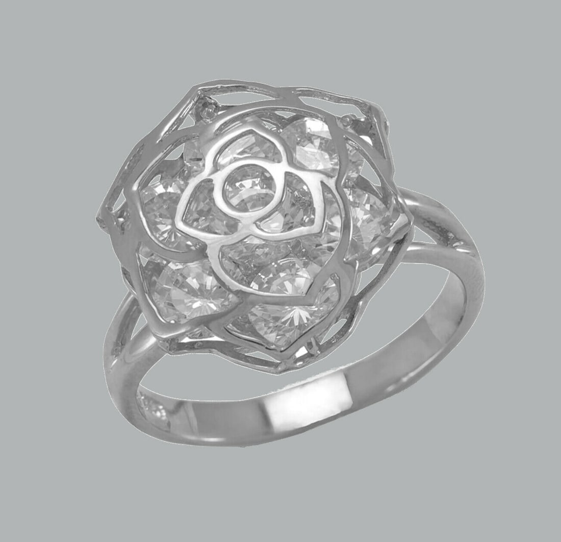 NEW 14K WHITE GOLD LADIES FANCY CZ FLOWER RING ROSE (1 of 1)