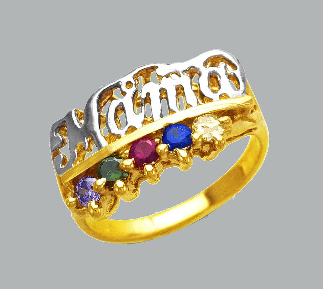NEW 14K TWO TONE GOLD LADIES CZ RING MAMA: NEW 14K TWO TONE GOLD MAMA CZ RING New 14K Two tone solid gold ring Ring size 7 Measures 11mm wide Cubic Zirconia Polished Finish Apx Weight: 4.1g