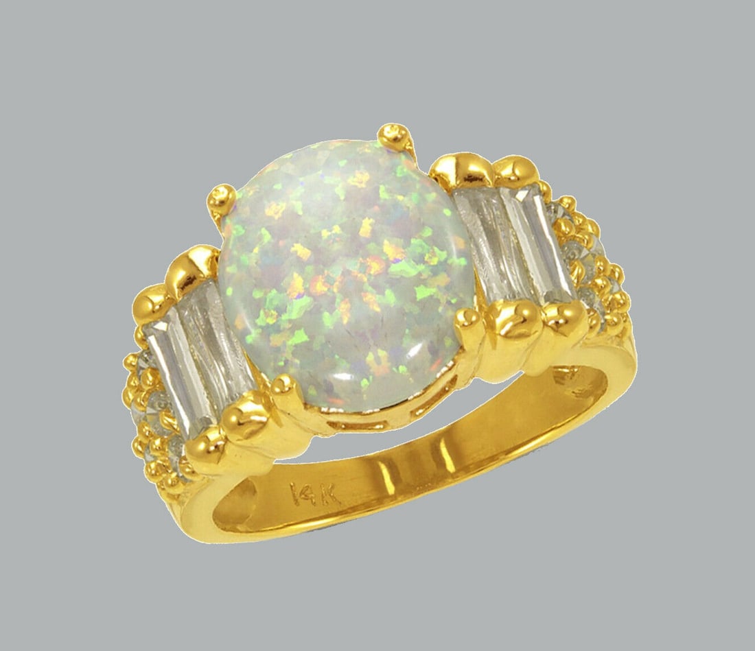 NEW 14K YELLOW GOLD LADIES CZ OPAL COCKTAIL RING (1 of 1)